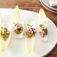 Endive with Planted Avocado Toast, Yellow Pepper and Scallions